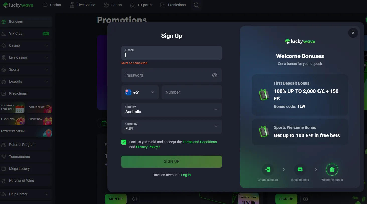 LuckyWave registration and account creation screen