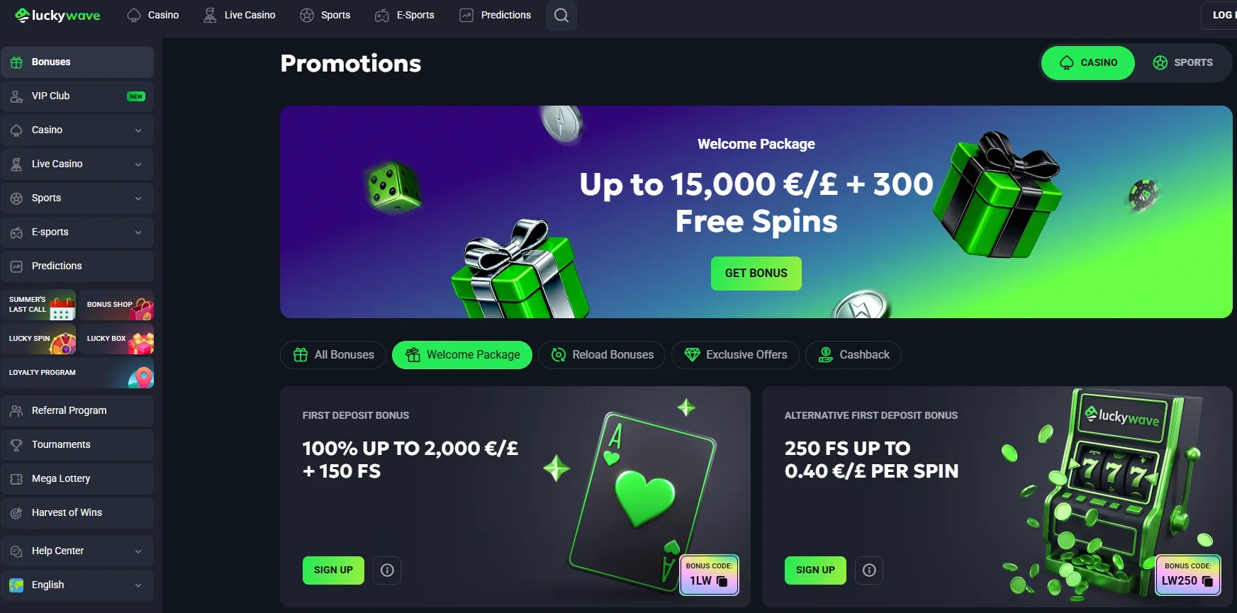 LuckyWave promotions page with current welcome and reload offers