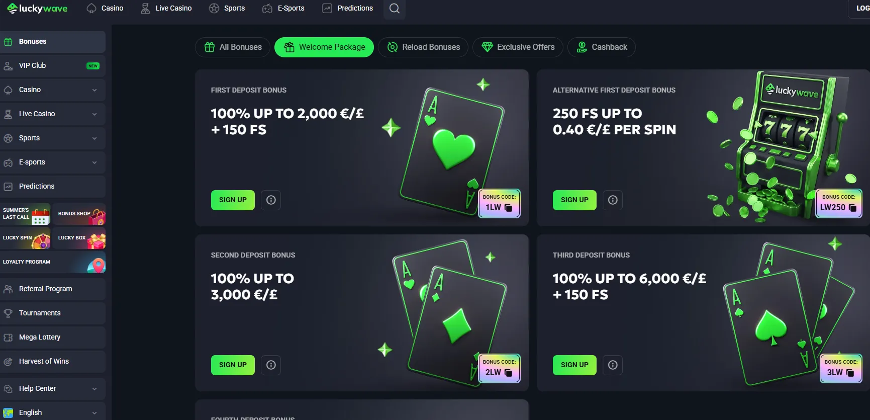 LuckyWave first deposit bonus card with code 1LW