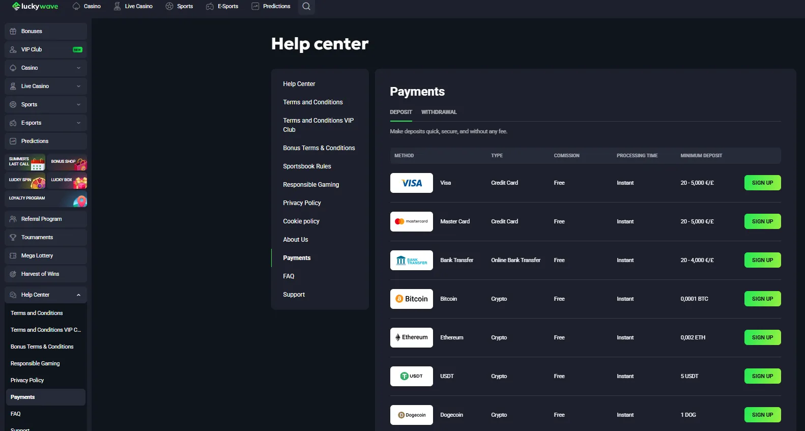 LuckyWave payments page showing GBP deposit and withdrawal methods