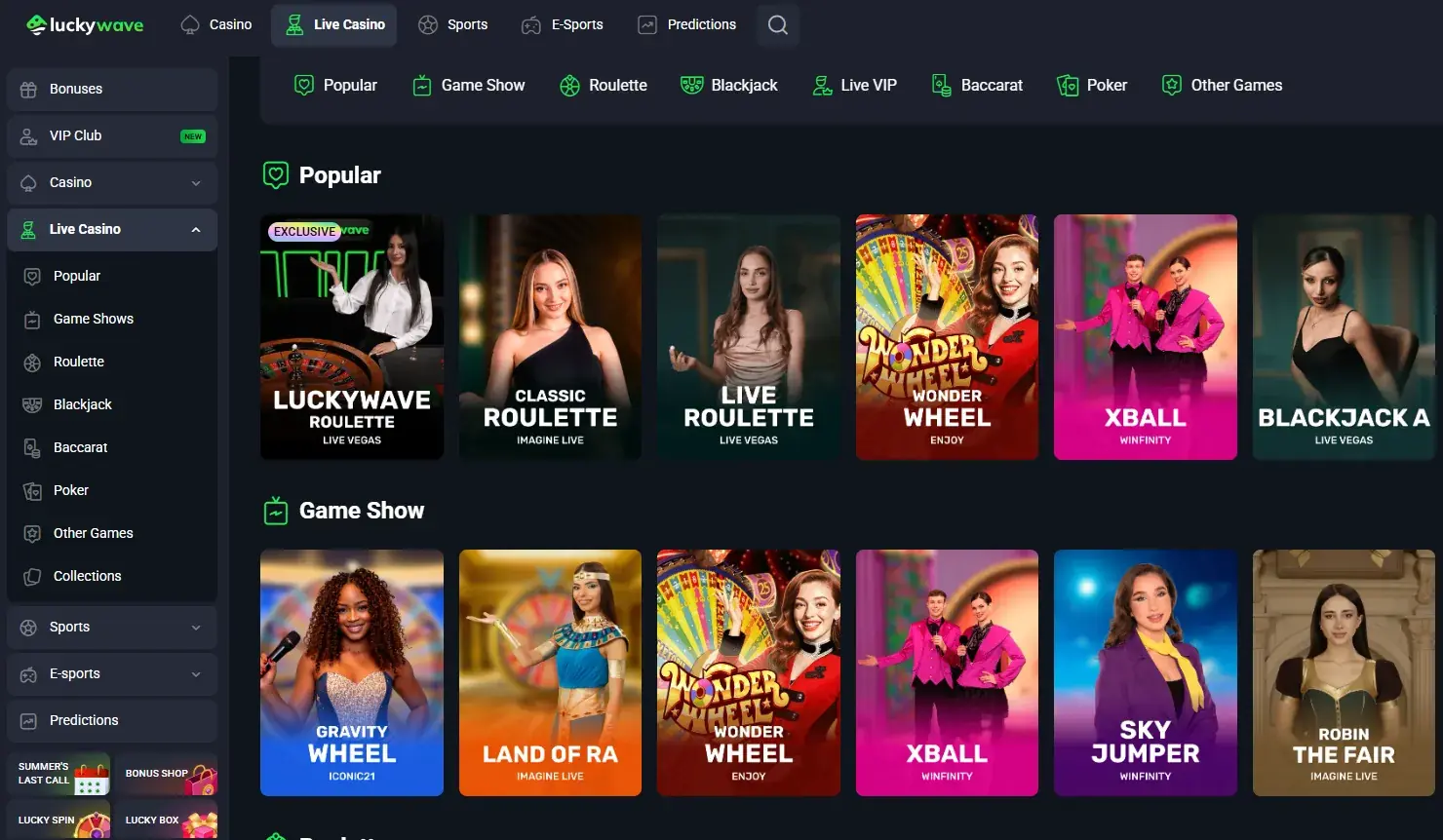 LuckyWave live casino lobby showing live dealer categories