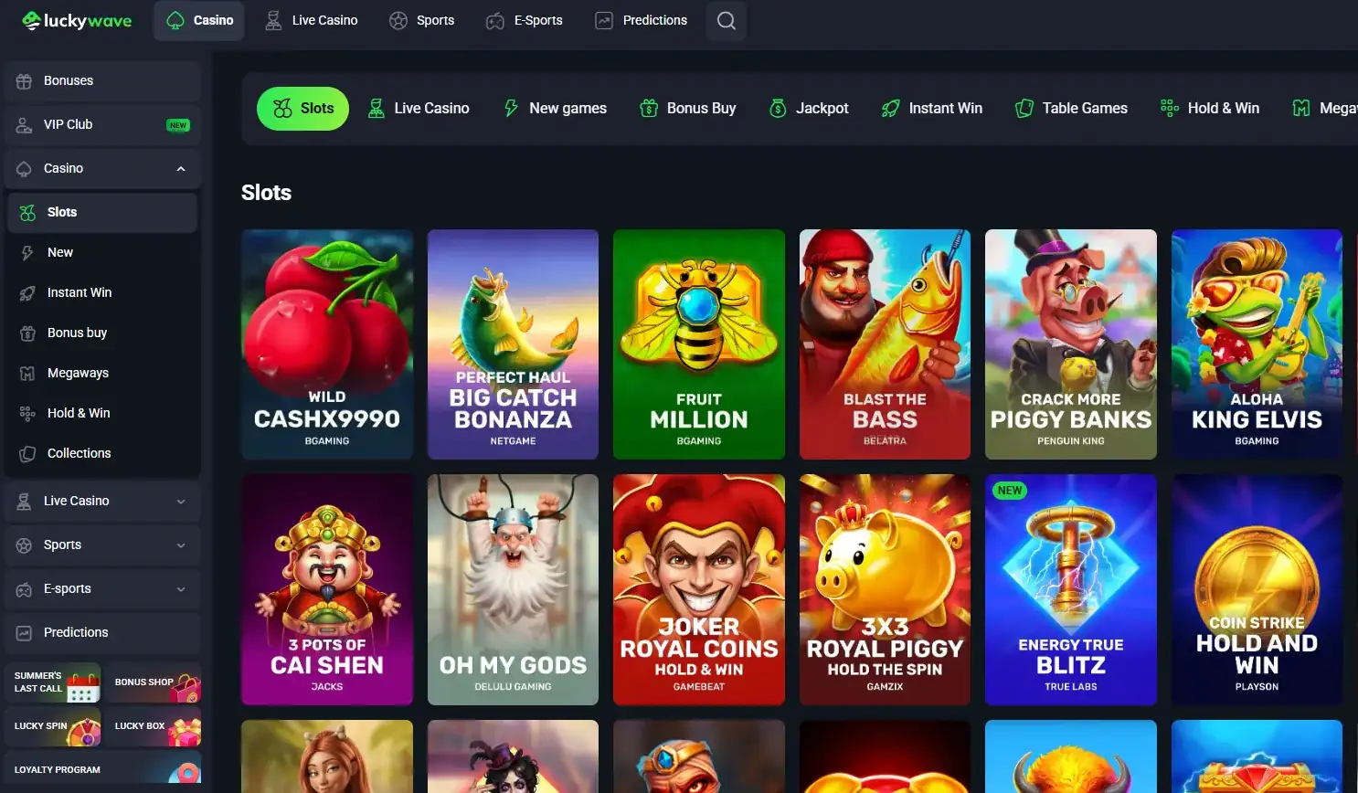LuckyWave casino lobby showing game categories and provider filters