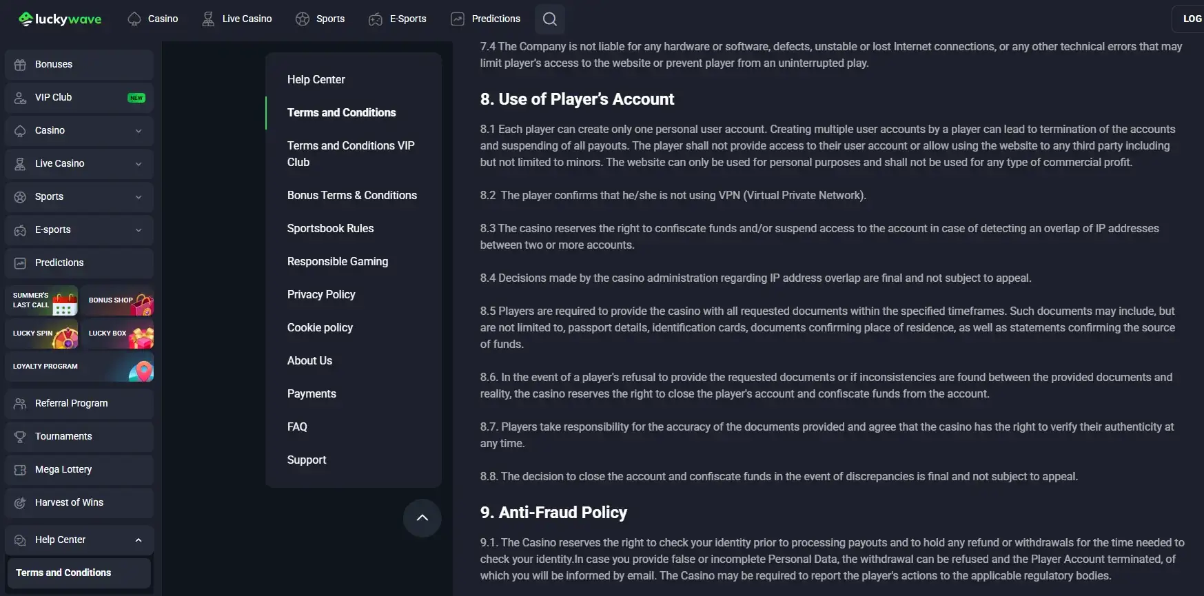 LuckyWave terms section describing account verification and requested documents