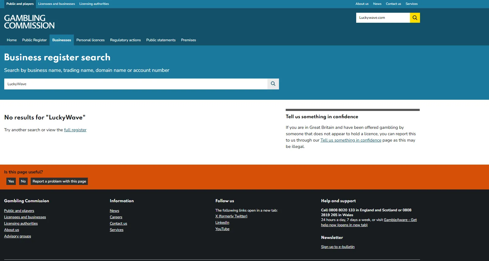 UK Gambling Commission public register search for LuckyWave