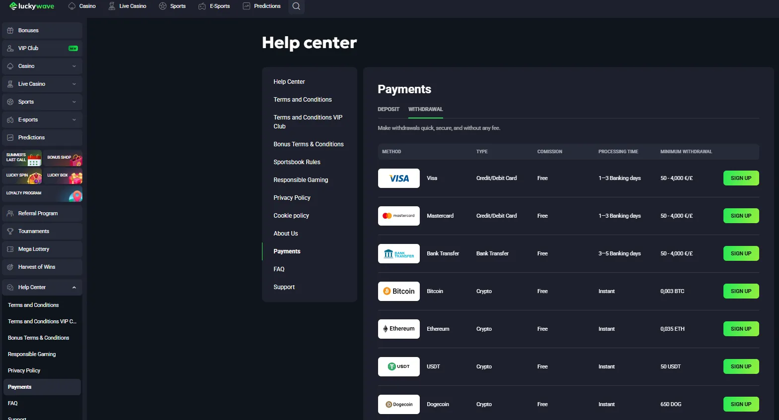 LuckyWave withdrawal interface showing current payout methods and processing information