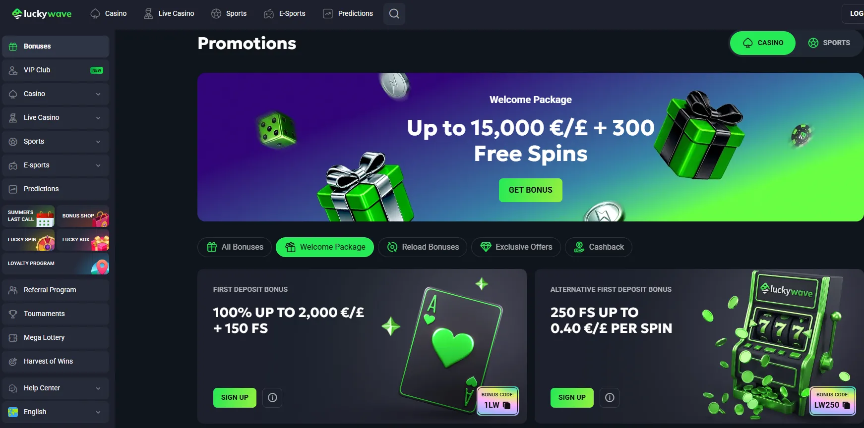 LuckyWave promotions page showing the welcome package