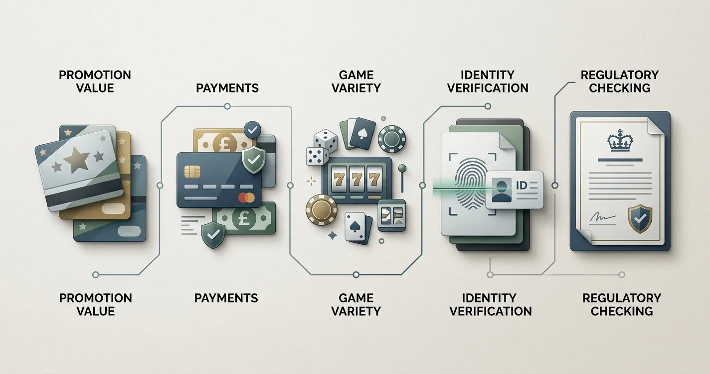 Editorial illustration comparing bonus, payments, games, verification and licence checks